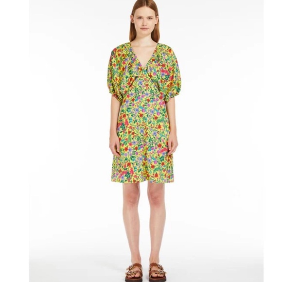 Max Mara Weekend Curvone Cotton Yellow Floral V-Neck Belted Flare Dress NWT $485 - Picture 3 of 16